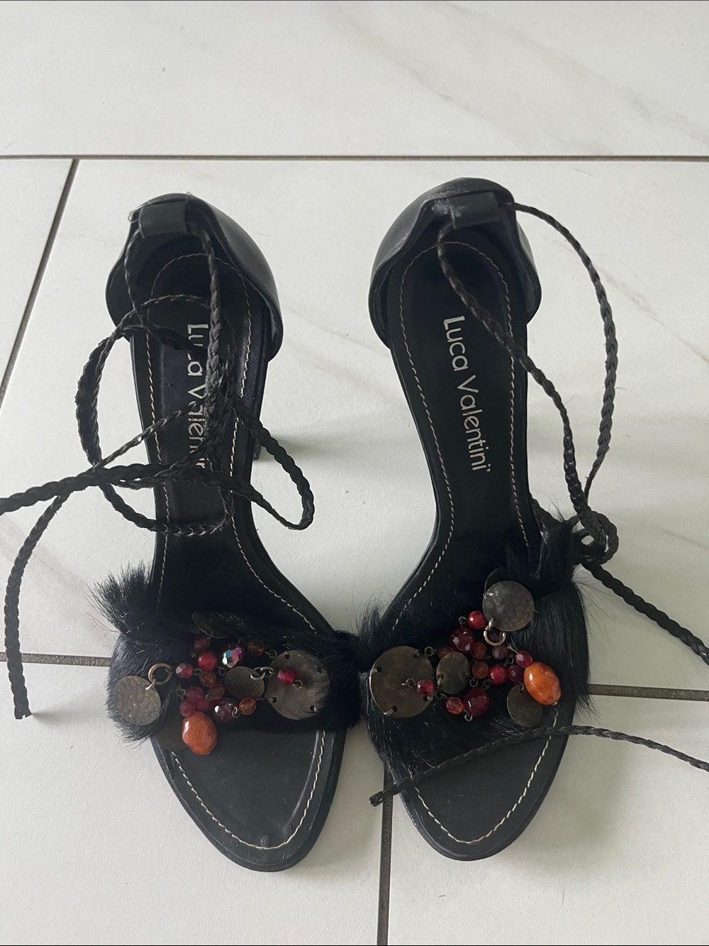 Black Beaded Lace-Up Sandals